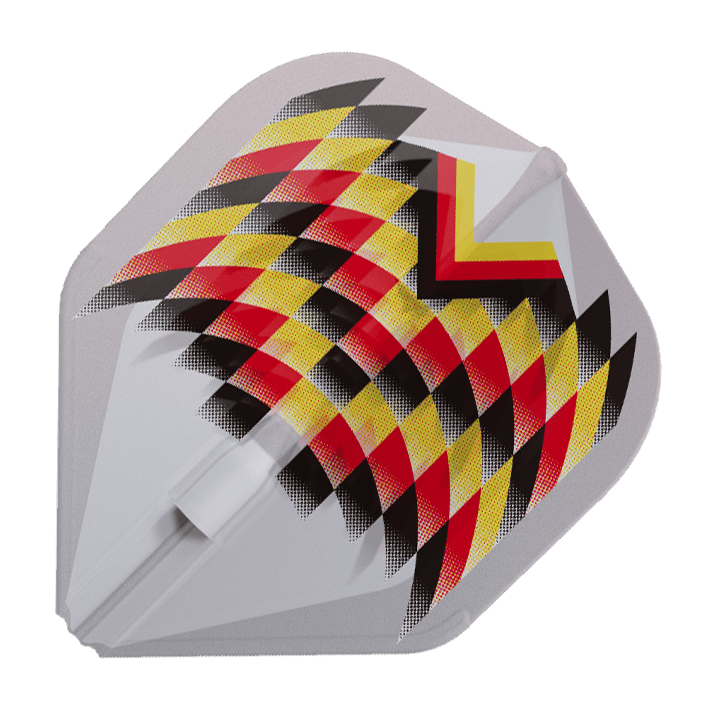 Das Bild zeigt ein Dartflight im weißen Design mit einem auffälligen Muster in Rot, Gelb und Schwarz. Es handelt sich um das „L-Style Gabriel Clemens V2 Clear White Signature Champagne L1EZ Flight“.